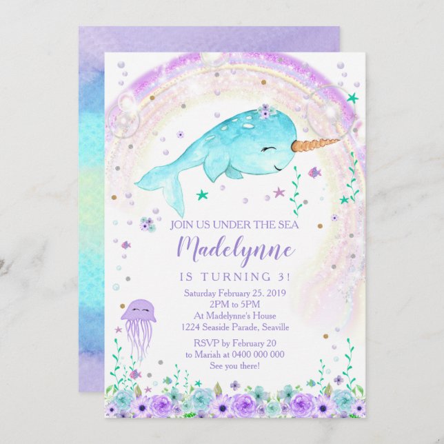 Narwhal-inbjudan till flicka inbjudningar (Fram/baksida)