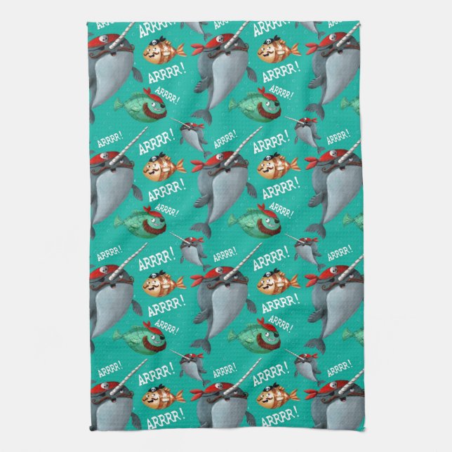 Narwhal och fiskpiratmönster kökshandduk (Vertikal)