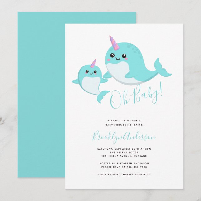 Narwhal Oh Baby Kön Neutral Baby Shower Inbjudningar (Fram/baksida)