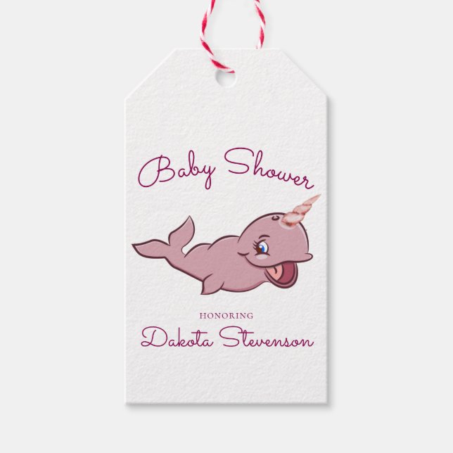Narwhal Rosa | Girly Kawaii Chibi Tecknad Shower Presentetikett (Framsidan)