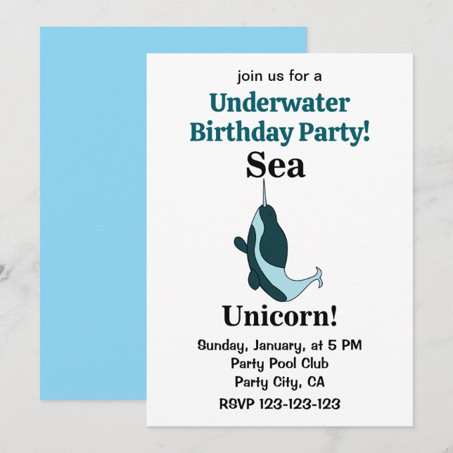 Narwhal Sea Unicorn Underwater Birthday Party Inbjudningar (Fram/baksida)