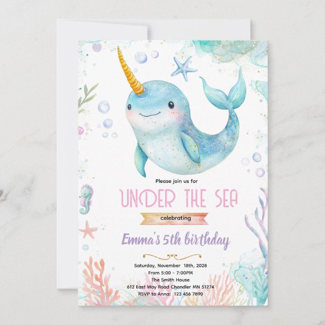 Narwhal theme party invitation inbjudningar (Framsida)