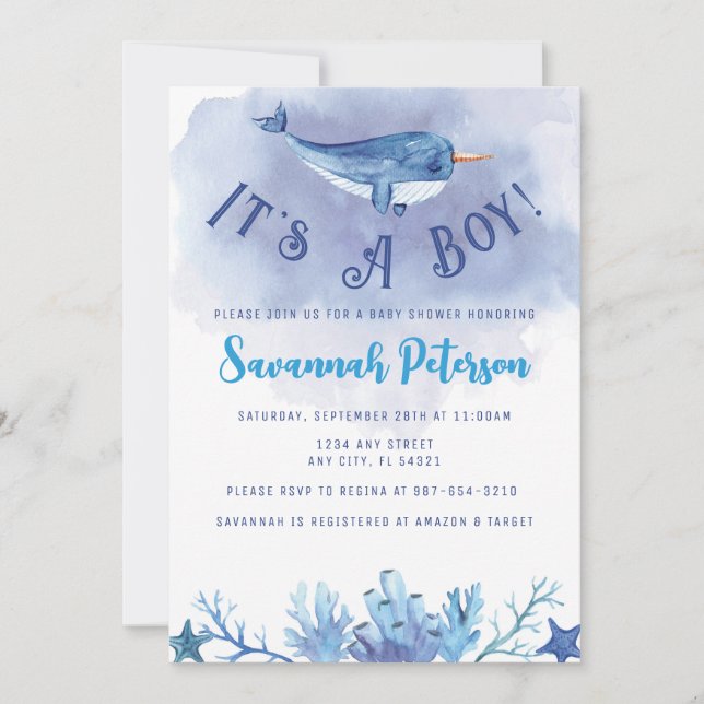 Narwhal under Sea Baby Shower-inbjudan Inbjudningar (Framsida)