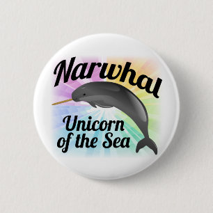 Narwhal Unicorn av havet, gullig regnbåge Knapp