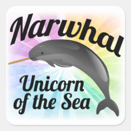 Narwhal Unicorn of the Sea, Cute Rainbow Fyrkantigt Klistermärke