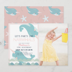 Narwhal Vågar Sea Rosa Girl Birthday Photo Inv Inbjudningar