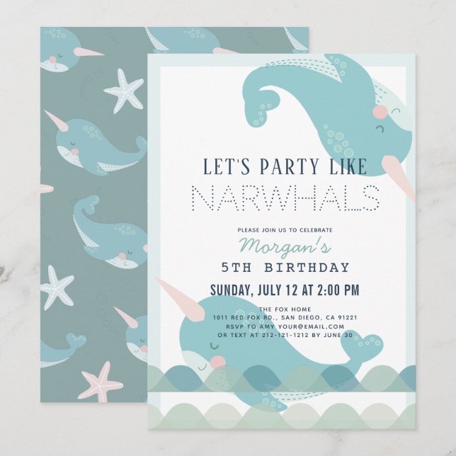 Narwhal Vinkarare Sea Blue Boy Birthday-inbjudan Inbjudningar (Fram/baksida)