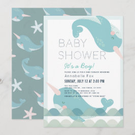Narwhal Vinkarare Sea Blue Boy Shower Inbjudningar
