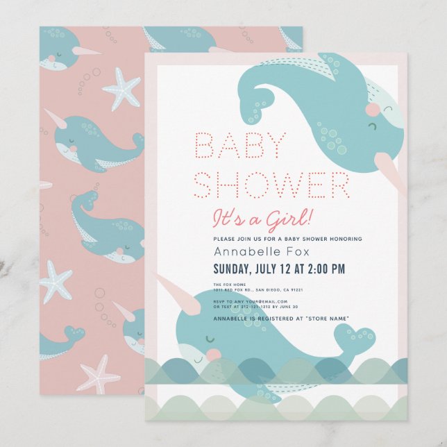 Narwhal Vinkarare Sea Rosa Girl Baby Shower Inbjudningar (Fram/baksida)
