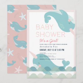 Narwhal Vinkarare Sea Rosa Girl Baby Shower Inbjudningar