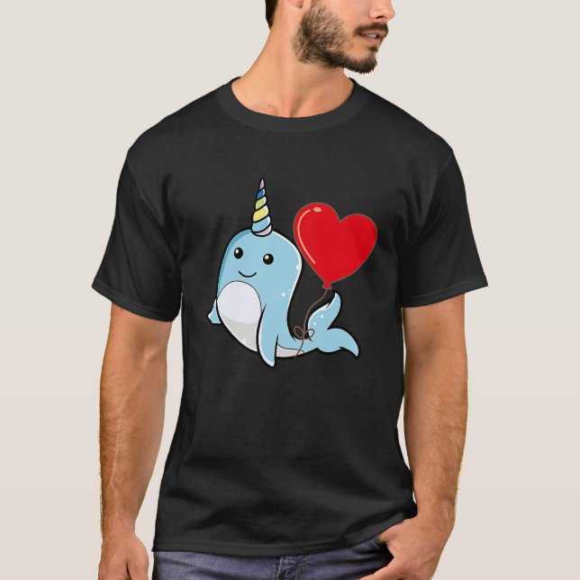 Narwhal With Heart Balloon Valentines Day Love Boy T Shirt (Framsida)