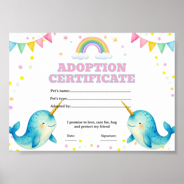 Narwhale adoptera ett husdjur certifikat redigerba poster (Framsidan)