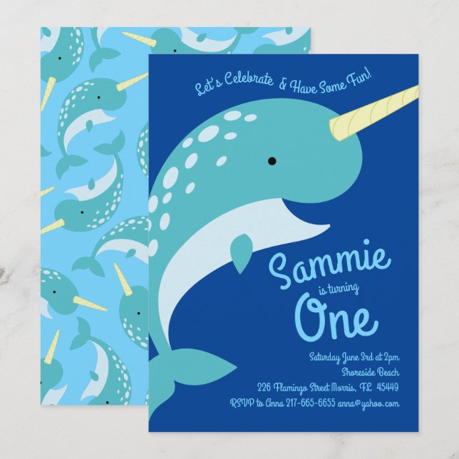 Narwhals Ocean 1:a födelsedagsinbjudan Inbjudningar (Fram/baksida)