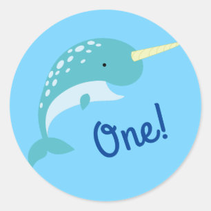 Narwhals Ocean Cute 1:a födelsedag Party Tema Runt Klistermärke