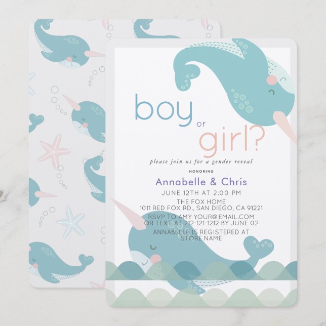 Narwhals on the Vinkarare Gender Reveal Call Inbjudningar (Fram/baksida)