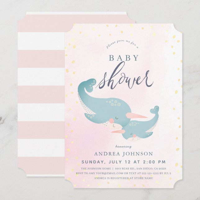 Narwhals Watercolor Rosa Girl Baby Shower Inbjudningar (Fram/baksida)