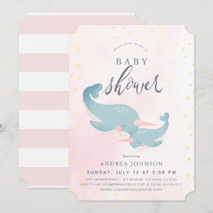 Narwhals Watercolor Rosa Girl Baby Shower Inbjudningar