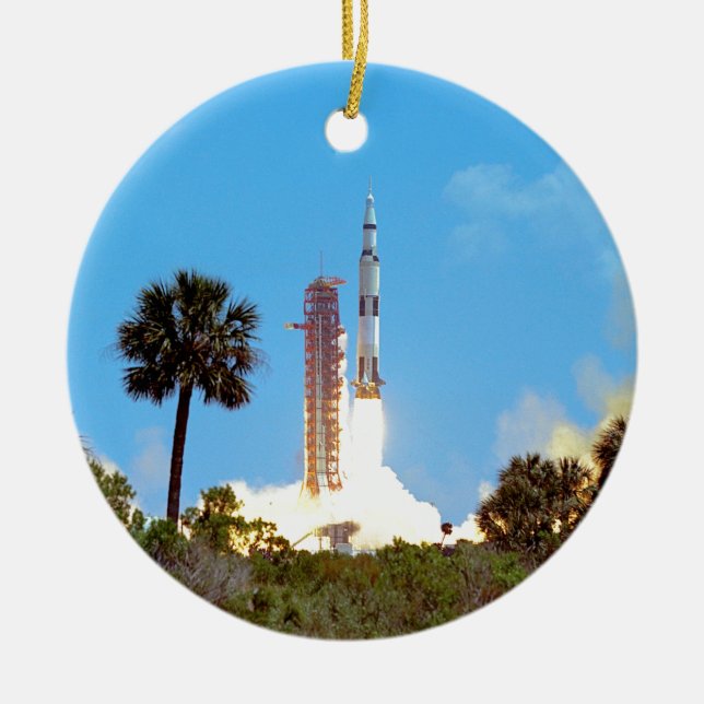 NASA Apollo 16 Saturn V-raketuppskjutning Julgransprydnad Keramik (Framsidan)
