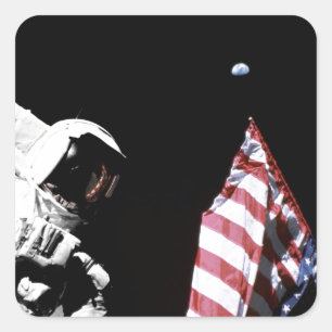 NASA Apollo 17 Astronaut Flagga Jord Måne Foto Fyrkantigt Klistermärke