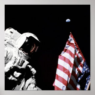NASA Apollo 17 Astronaut Flagga Jord Måne Foto Poster