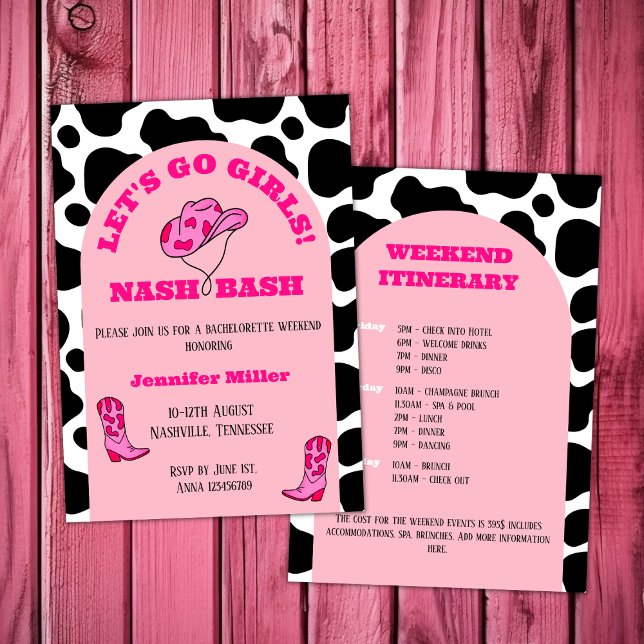 Nash Bash Cowgirl Rosa Bachelorette Girls Helg Inbjudningar (nash bash nashville bachelorette girls weekend cowgirl pink cowgirl boots and hat arch cow pattern)