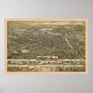 Nashua NH beskådar panorama- birdseye 1883 Poster