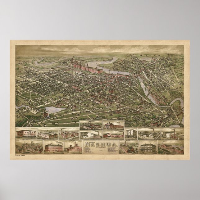 Nashua NH panoramic birdseye view 1883 Poster (Framsidan)