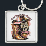 Nashville Bachelorette Party - Boots And Bling Fyrkantig Silverfärgad Nyckelring<br><div class="desc">A wonderful addition to the Nashville Bachelorette Party collection-    Celebrate your country-style bachelorette bash with this vibrant “Boots,  Bling,  and the Last Fling – It’s a Nashville Thing!” design. Featuring detailed illustrations of cowgirl boots and a stylish western hat accented with turquoise and glittering stars, </div>