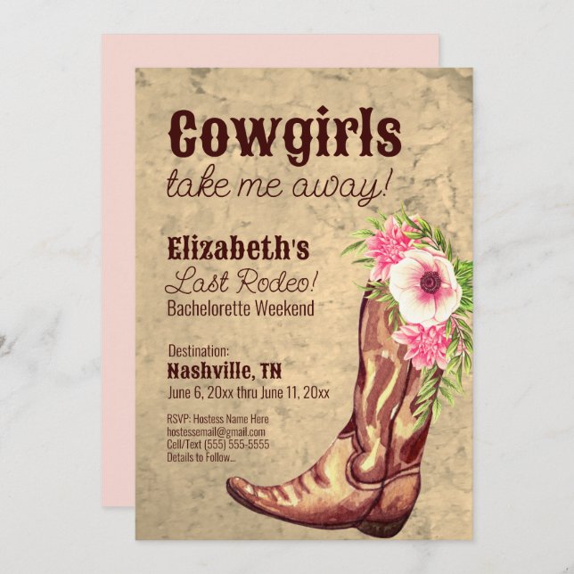 Nashville Bachelorette Rustic Rosa Cowgirl Inbjudningar (Fram/baksida)