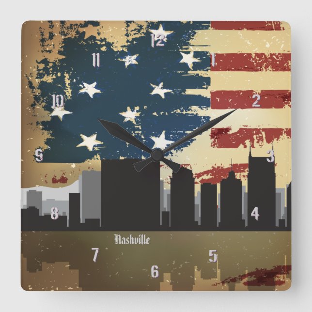Nashville CityScape för TN-amerikanstäder tar tid Fyrkantig Klocka (Framsida)