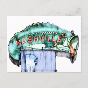 Nashville Fiskare Neon Skylt Fisk Akvarell Vykort