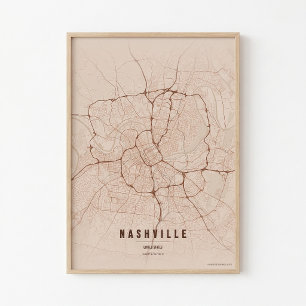 Nashville Koppartryck Tennessee Stadskarta Väggkon Poster