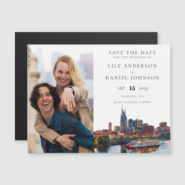 Nashville Riverfront Photo Wedding Save The Date Magnetisk Inbjudningskort (Fram/baksida)