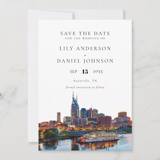 Nashville Riverfront Watercolor Elegant Wedding Spara Datumet (Framsida)