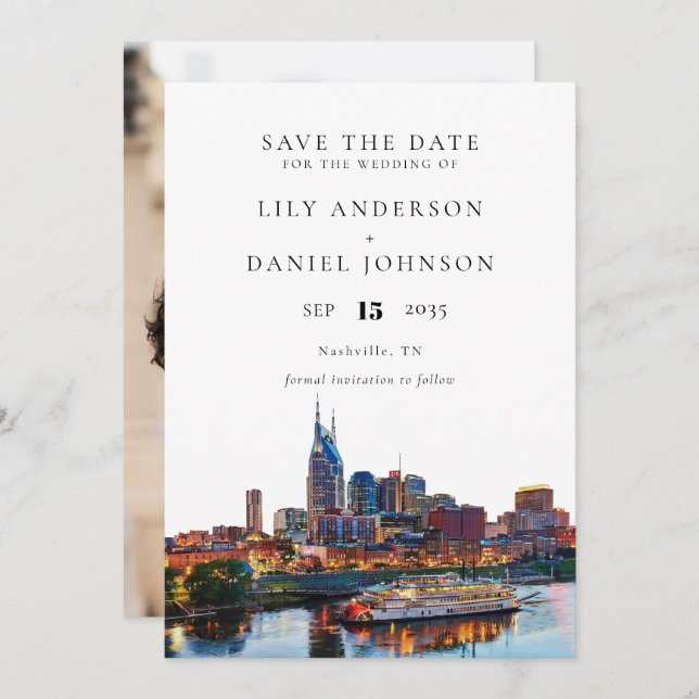 Nashville Riverfront Watercolor Photo Wedding Spara Datumet (Fram/baksida)