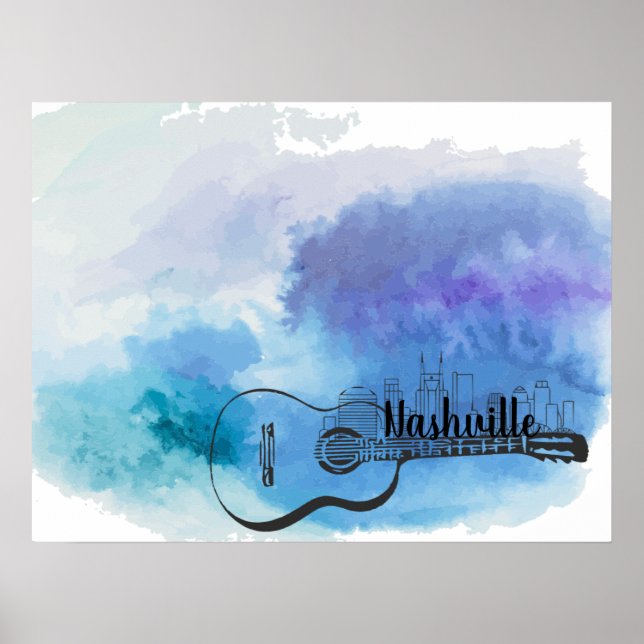 Nashville Skyline Guitar Watercolor Design Poster (Framsidan)