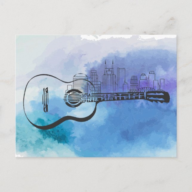Nashville Skyline Guitar Watercolor Design Vykort (Framsida)