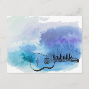 Nashville Skyline Guitar Watercolor Design Vykort