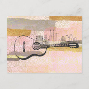 Nashville Skyline Guitar Watercolor Design Vykort