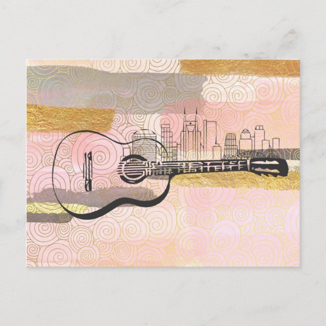 Nashville Skyline Guitar Watercolor Design Vykort (Framsida)