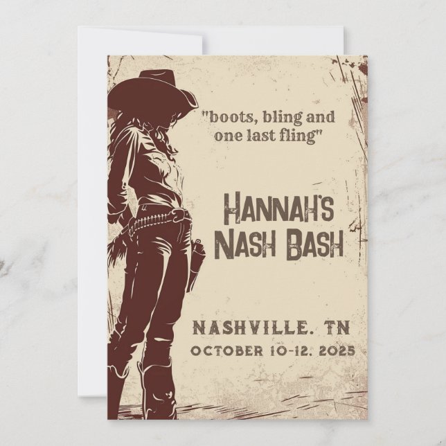 Nashville-stövlar och bling-möhipparty inbjudningar (Framsida)