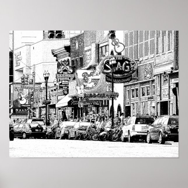 NASHVILLE STREET SCENE - Digital penna & bläck-uts Poster (Framsidan)