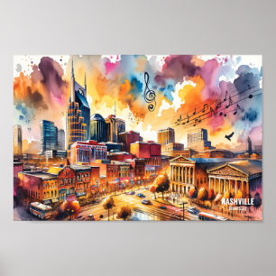 Nashville Tennessee USA Travel Ställe vattenfärgen Poster