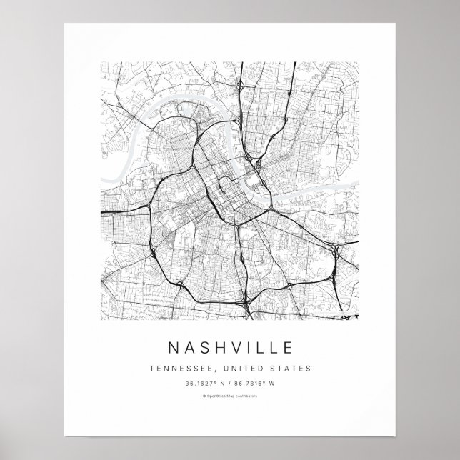 Nashville TN Minimalistisk Stadskarta Konsttryck Poster (Framsidan)