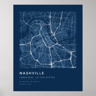 Nashville TN Navy Blue Stadskarta Konsttryck Poster