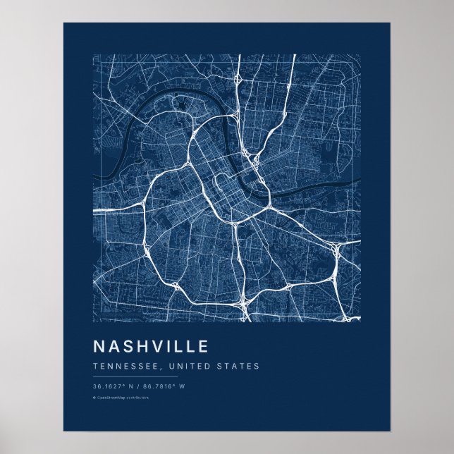 Nashville TN Navy Blue Stadskarta Konsttryck Poster (Framsidan)