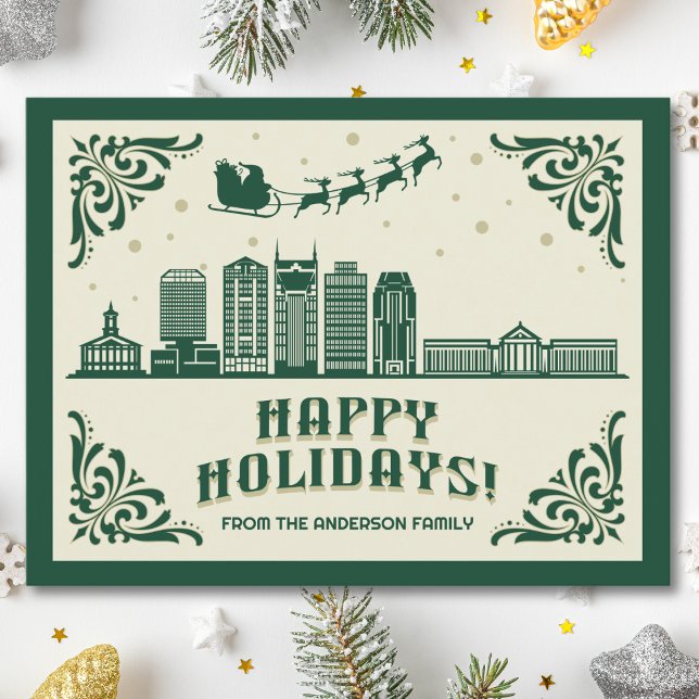 Nashville, TN Skyline Glad helg vykort (Happy Holidays Nashville, TN skyline cityscape christmas postcard customizable real estate Santa )