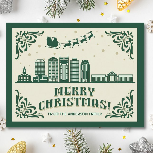 Nashville, TN Skyline Julens Helgdag vykort (Nashville, TN skyline christmas card green modern merry christmas postcard with custom details)