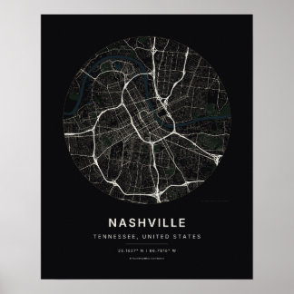 Nashville TN Svart Stadskarta Konsttryck Poster