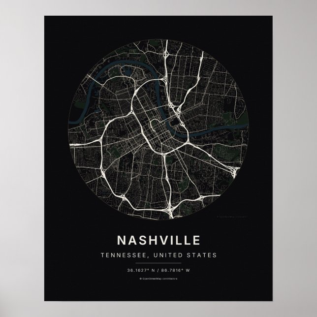 Nashville TN Svart Stadskarta Konsttryck Poster (Framsidan)